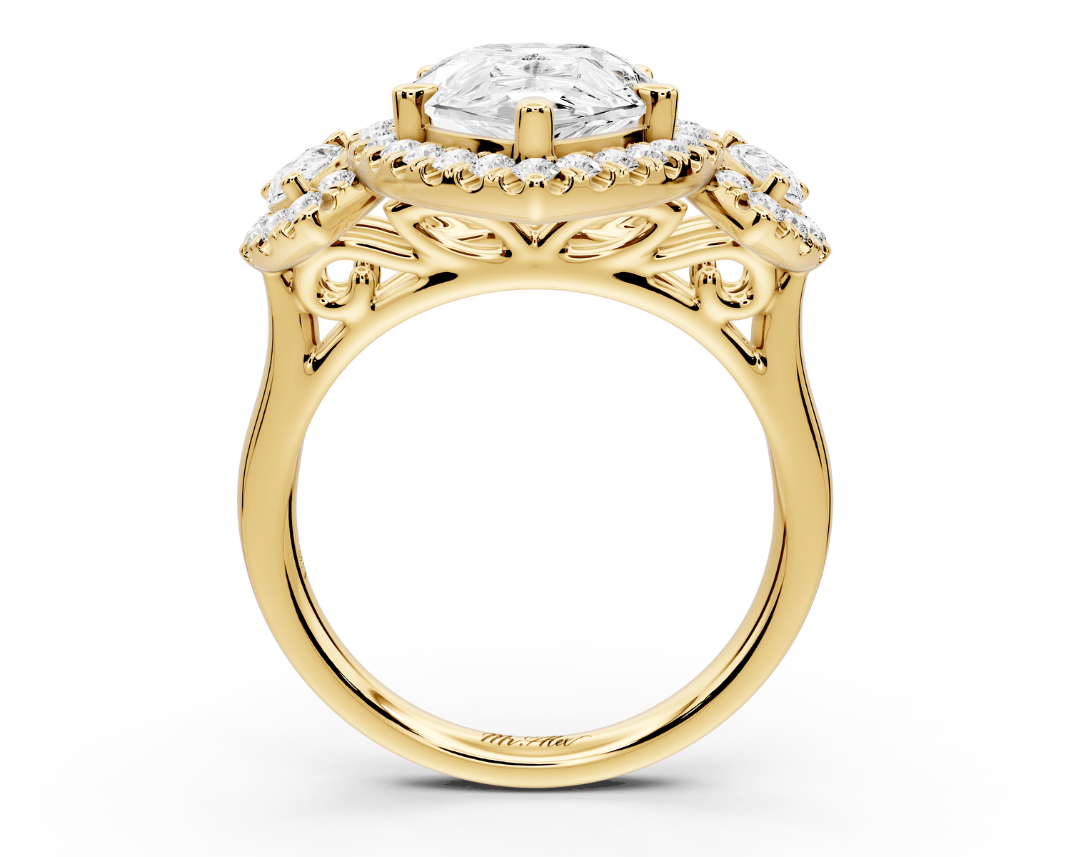 Iris - 4ct 18k yellow gold Three stone pear Halo engagement ring - Mr. Alex Jewelry