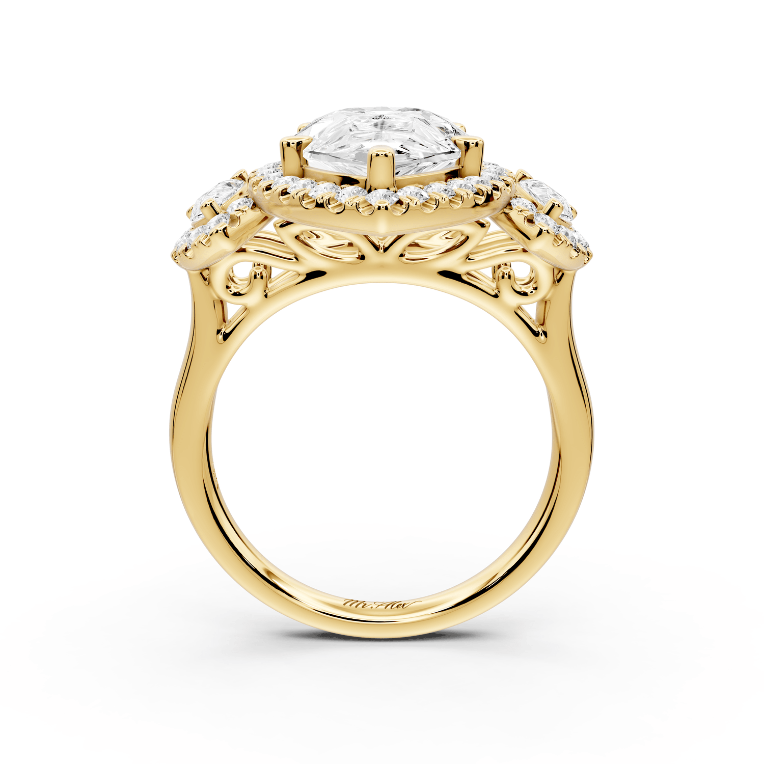 Iris - 4ct 18k yellow gold Three stone pear Halo engagement ring - Mr. Alex Jewelry
