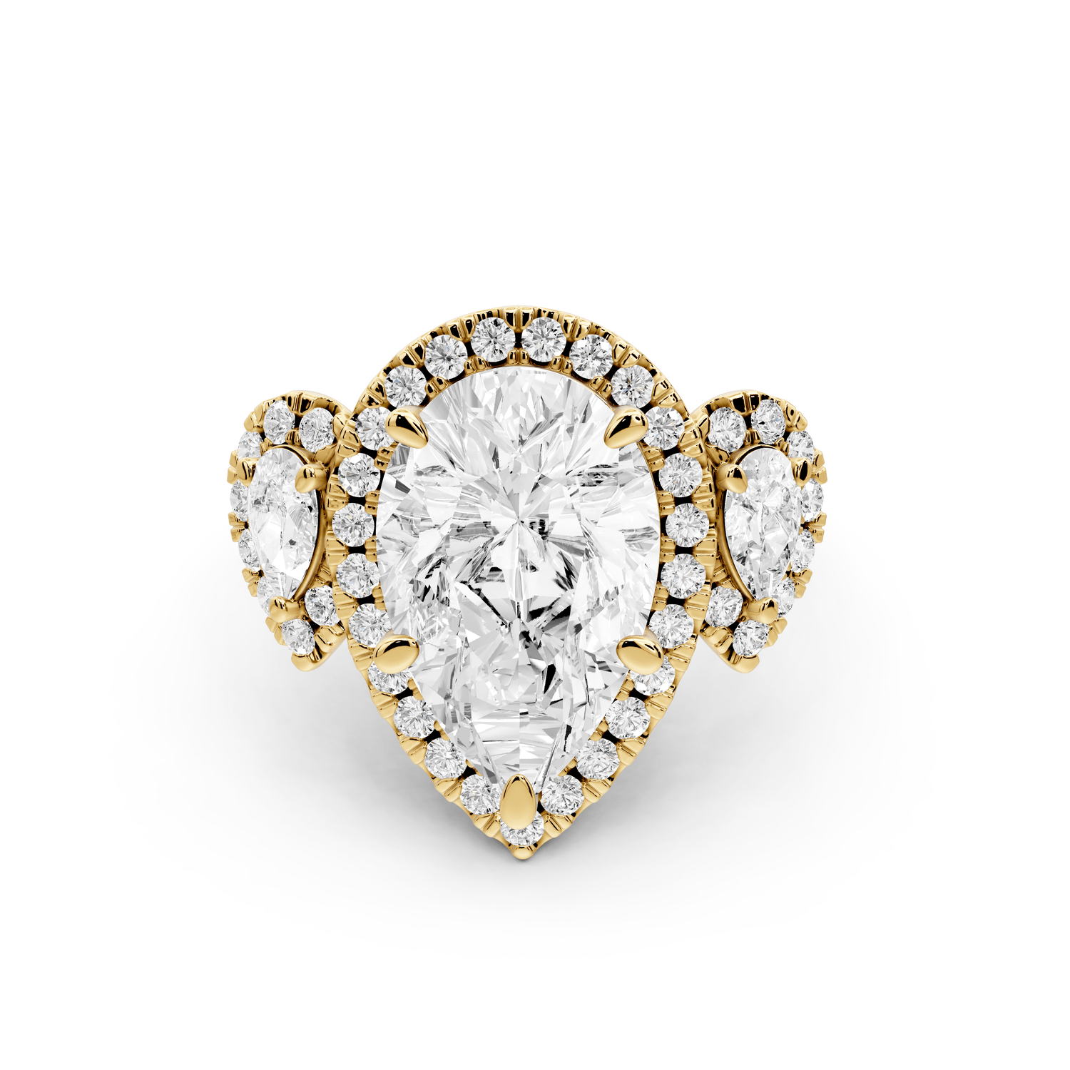 Iris - 4ct 18k yellow gold Three stone pear Halo engagement ring - Mr. Alex Jewelry
