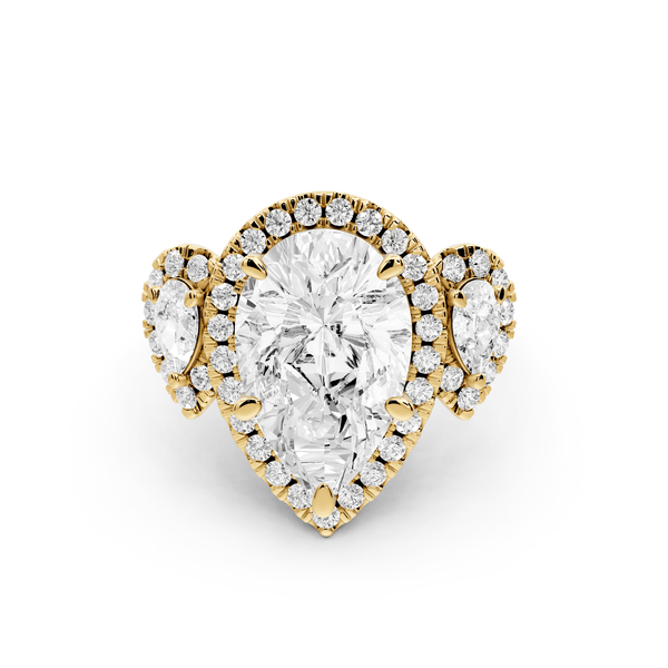 Iris - 4ct 18k yellow gold Three stone pear Halo engagement ring - Mr. Alex Jewelry