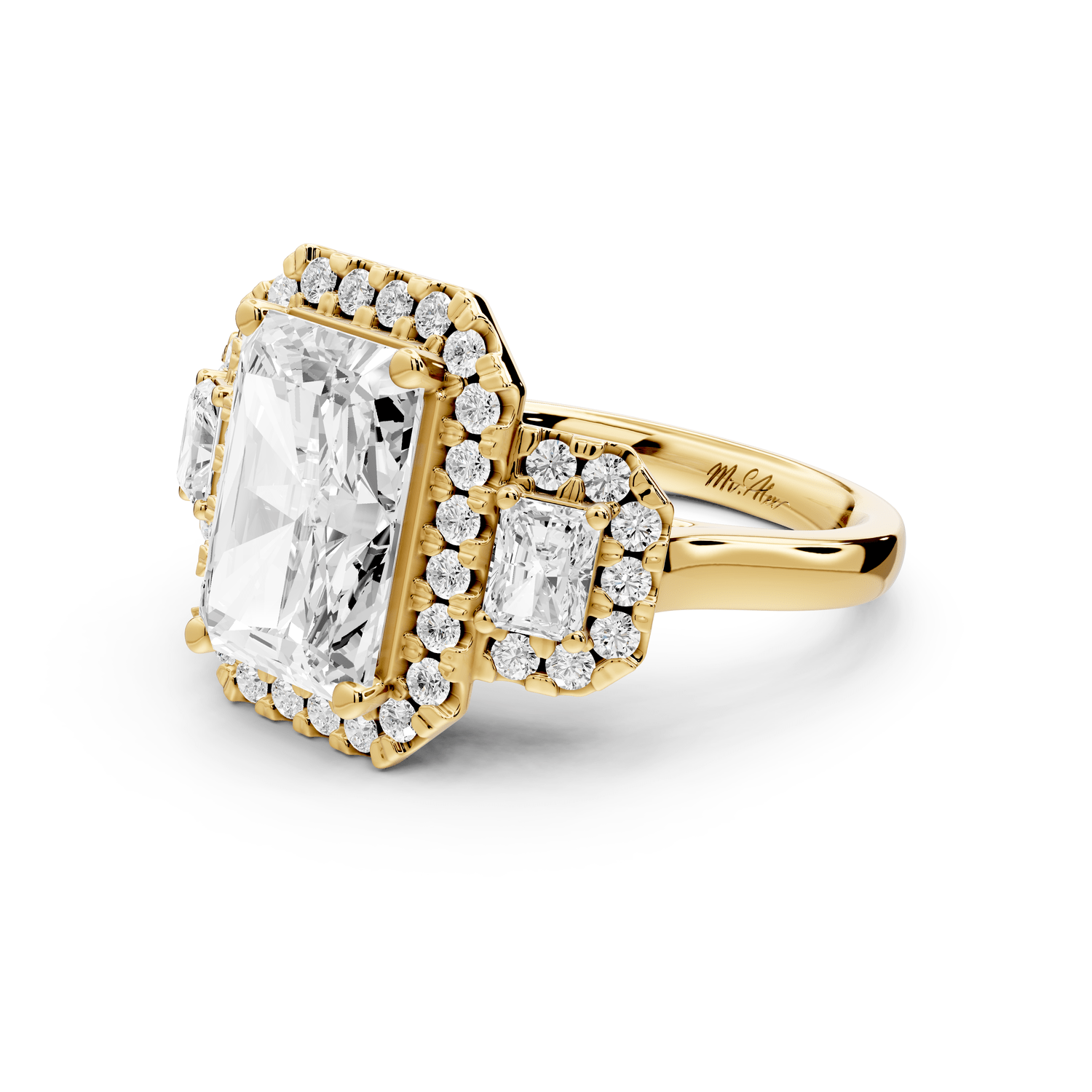 Iris - 4ct 18k yellow gold Three stone radiant Halo engagement ring - Mr. Alex Jewelry