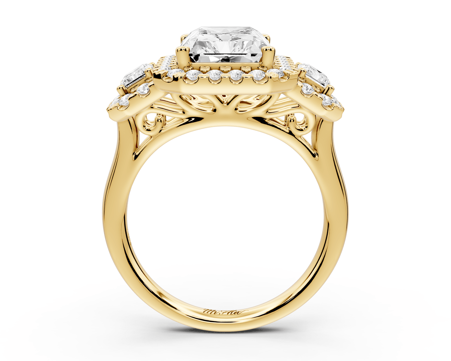 Iris - 4ct 18k yellow gold Three stone radiant Halo engagement ring - Mr. Alex Jewelry