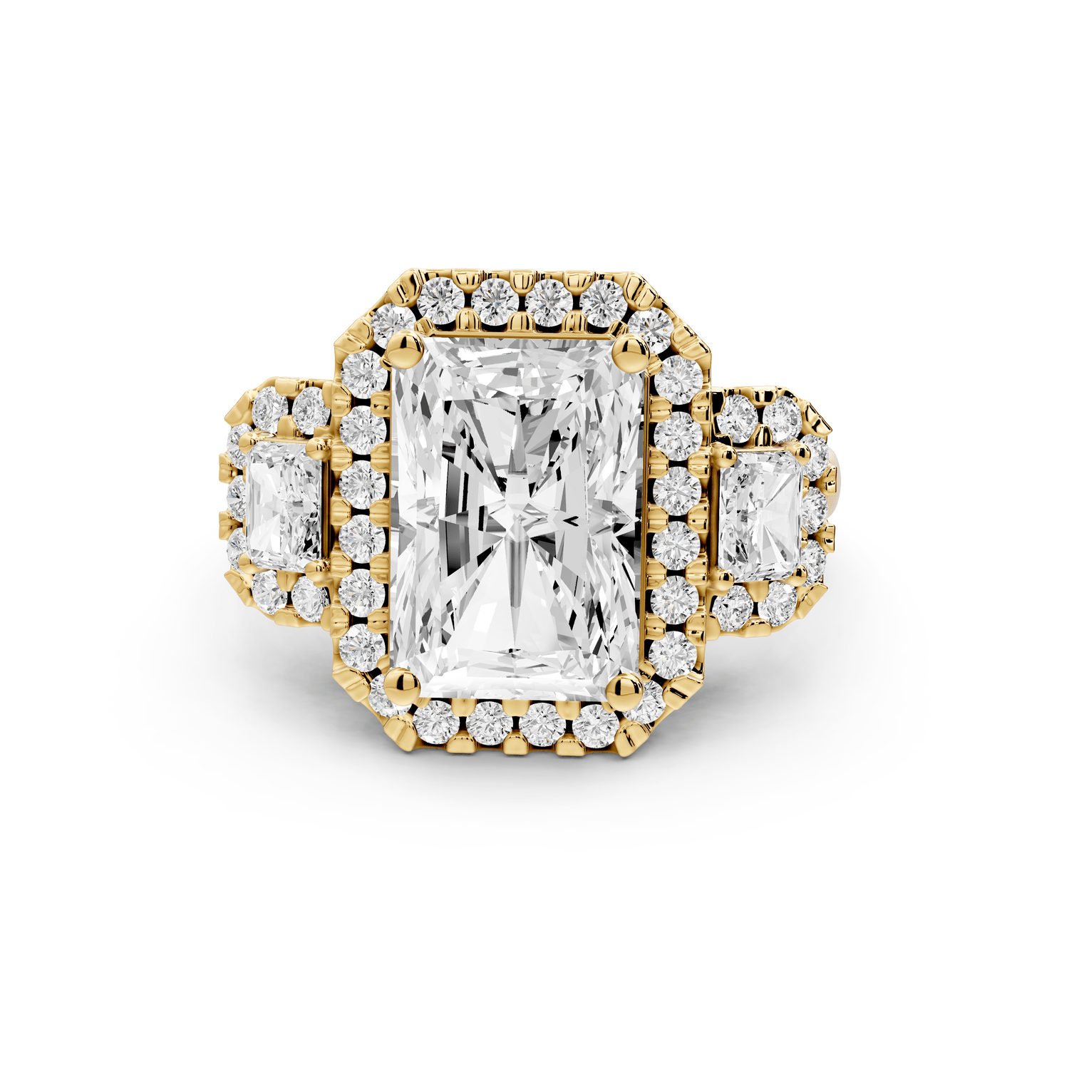 Iris - 4ct 18k yellow gold Three stone radiant Halo engagement ring - Mr. Alex Jewelry