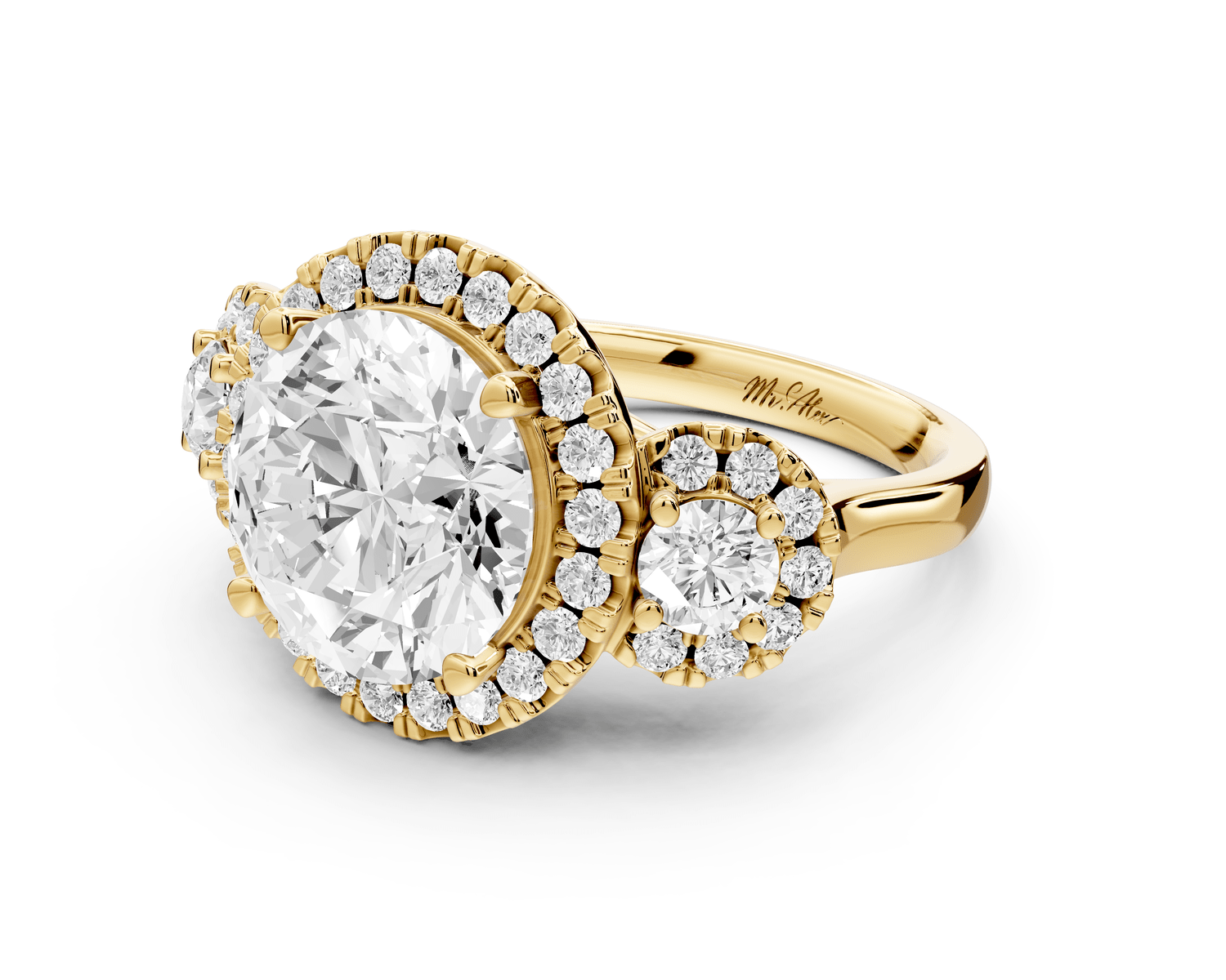Iris - 4ct 18k yellow gold Three stone round Halo engagement ring - Mr. Alex Jewelry