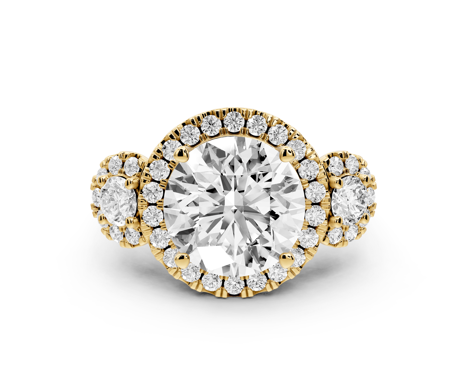 Iris - 4ct 18k yellow gold Three stone round Halo engagement ring - Mr. Alex Jewelry