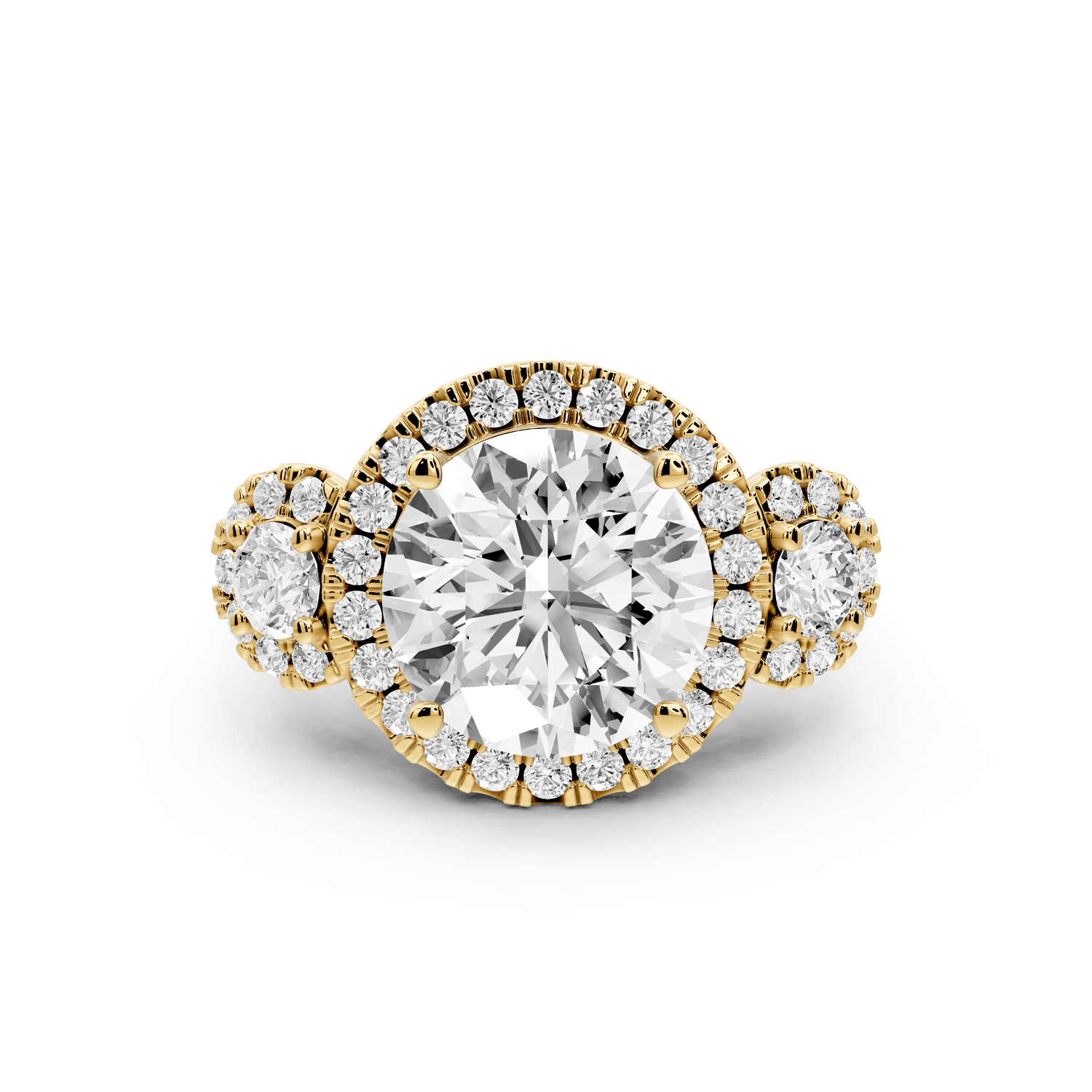 Iris - 4ct 18k yellow gold Three stone round Halo engagement ring - Mr. Alex Jewelry