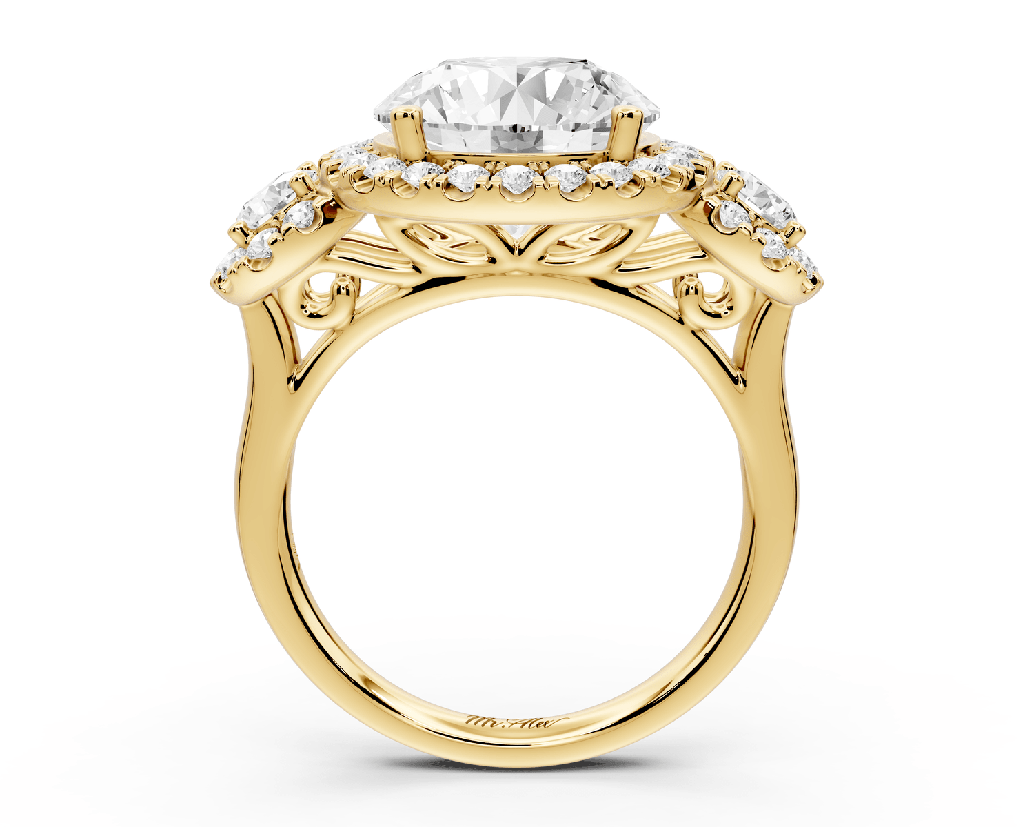 Iris - 4ct 18k yellow gold Three stone round Halo engagement ring - Mr. Alex Jewelry