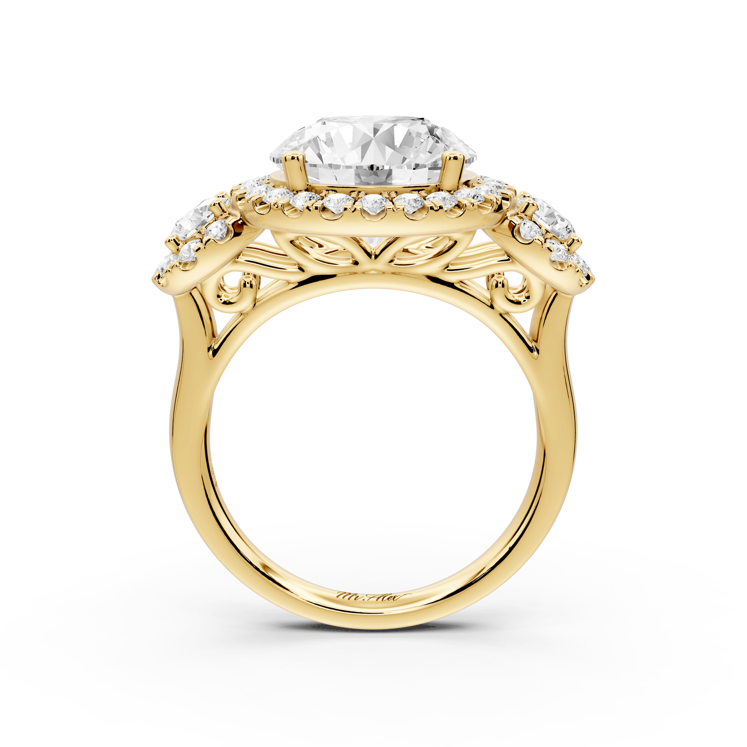 Iris - 4ct 18k yellow gold Three stone round Halo engagement ring - Mr. Alex Jewelry