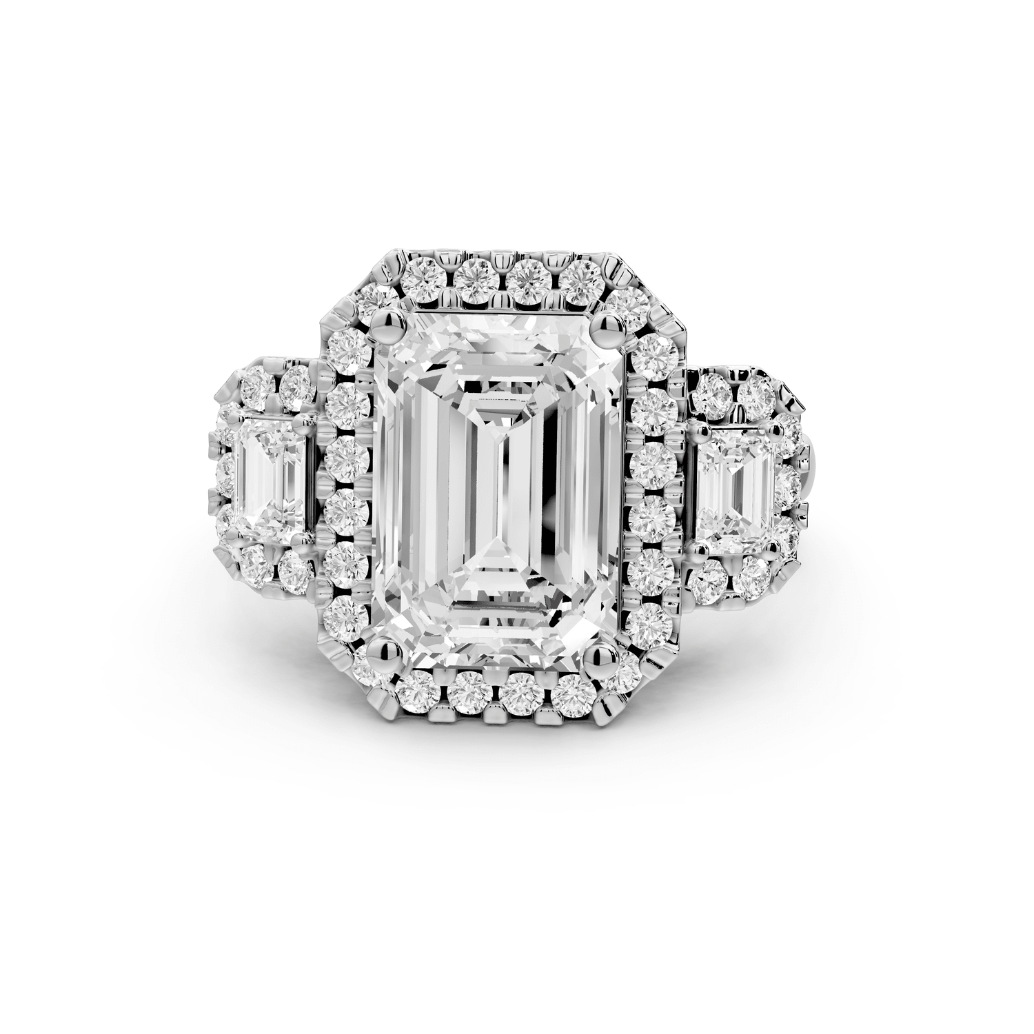Iris - 4ct platinum Three stone emerald Halo engagement ring - Mr. Alex Jewelry