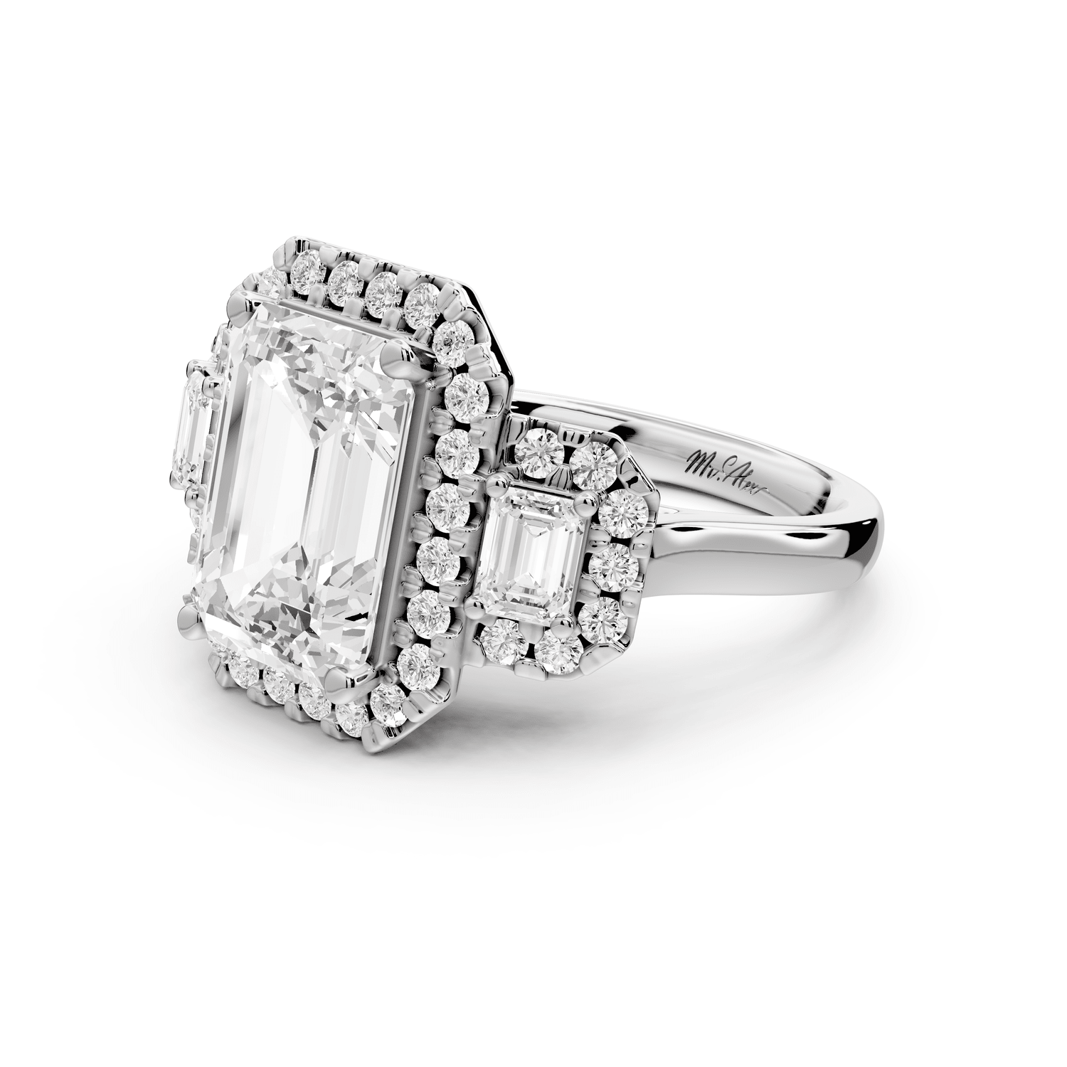 Iris - 4ct platinum Three stone emerald Halo engagement ring - Mr. Alex Jewelry