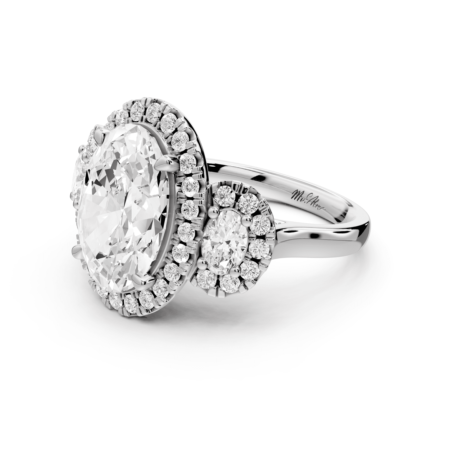 Iris - 4ct platinum Three stone oval Halo engagement ring - Mr. Alex Jewelry