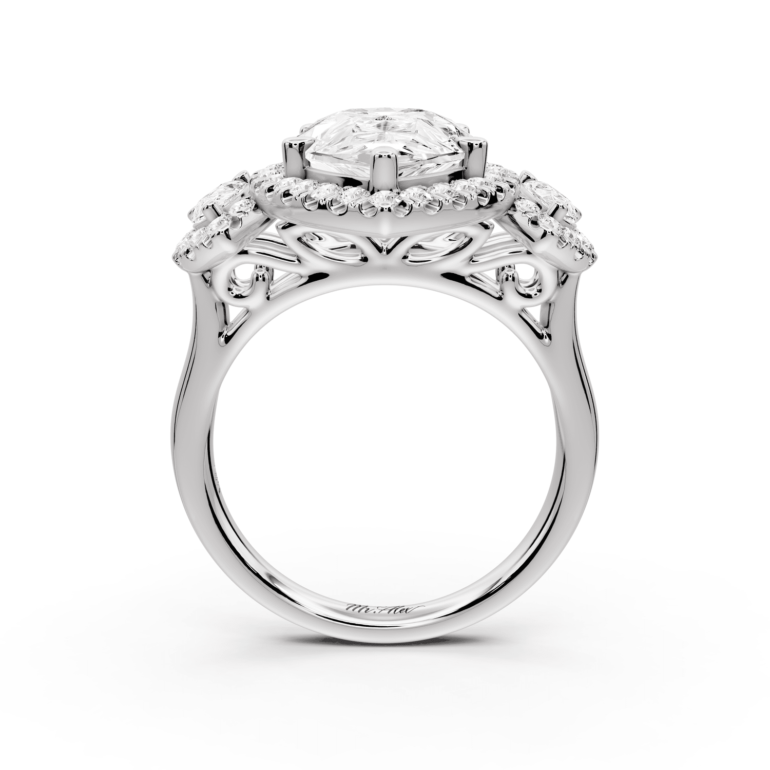 Iris - 4ct platinum Three stone pear Halo engagement ring - Mr. Alex Jewelry