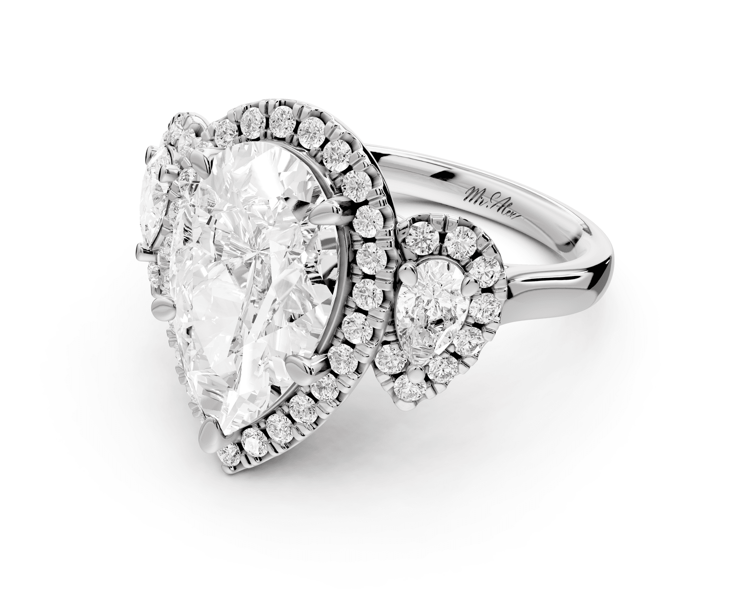 Iris - 4ct platinum Three stone pear Halo engagement ring - Mr. Alex Jewelry