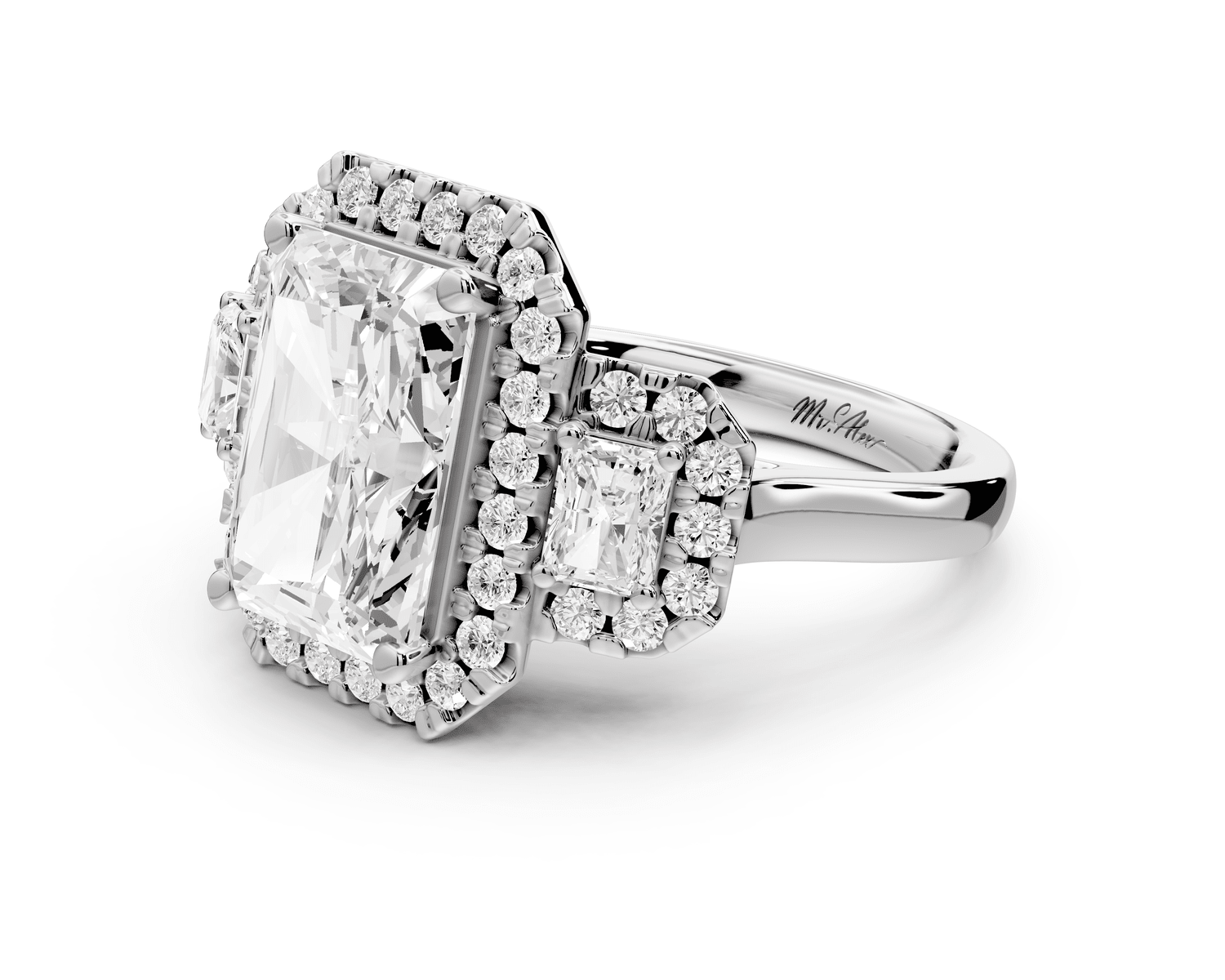 Iris - 4ct platinum Three stone radiant Halo engagement ring - Mr. Alex Jewelry