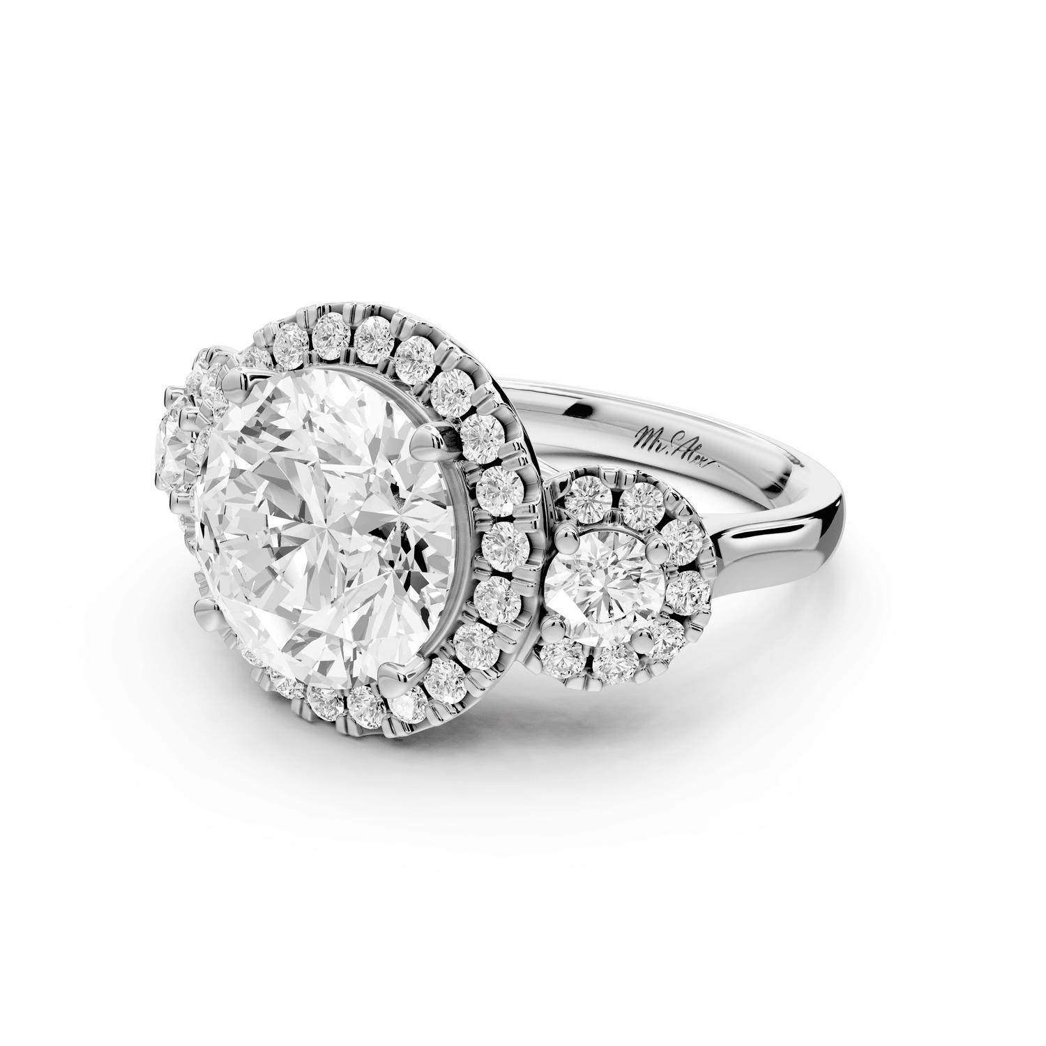 Iris - 4ct platinum Three stone round Halo engagement ring - Mr. Alex Jewelry