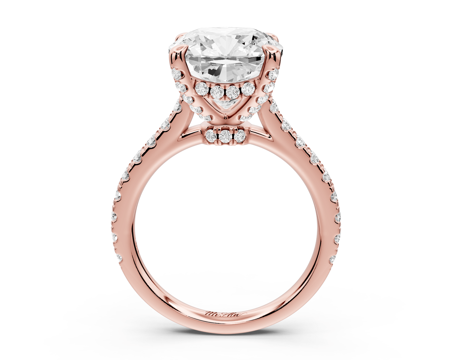 Iris - 5ct 14k rose gold Three stone cushion Halo engagement ring - Mr. Alex Jewelry