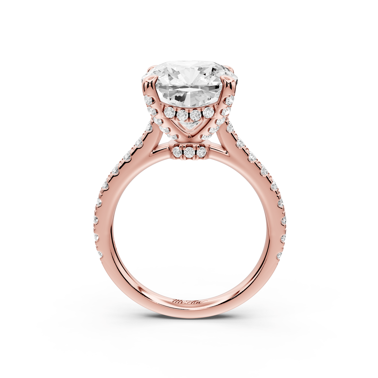 Iris - 5ct 14k rose gold Three stone cushion Halo engagement ring - Mr. Alex Jewelry