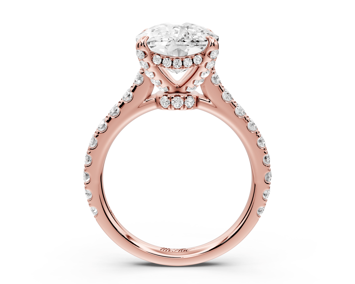 Iris - 5ct 14k rose gold Three stone Elongated Cushion Halo engagement ring - Mr. Alex Jewelry
