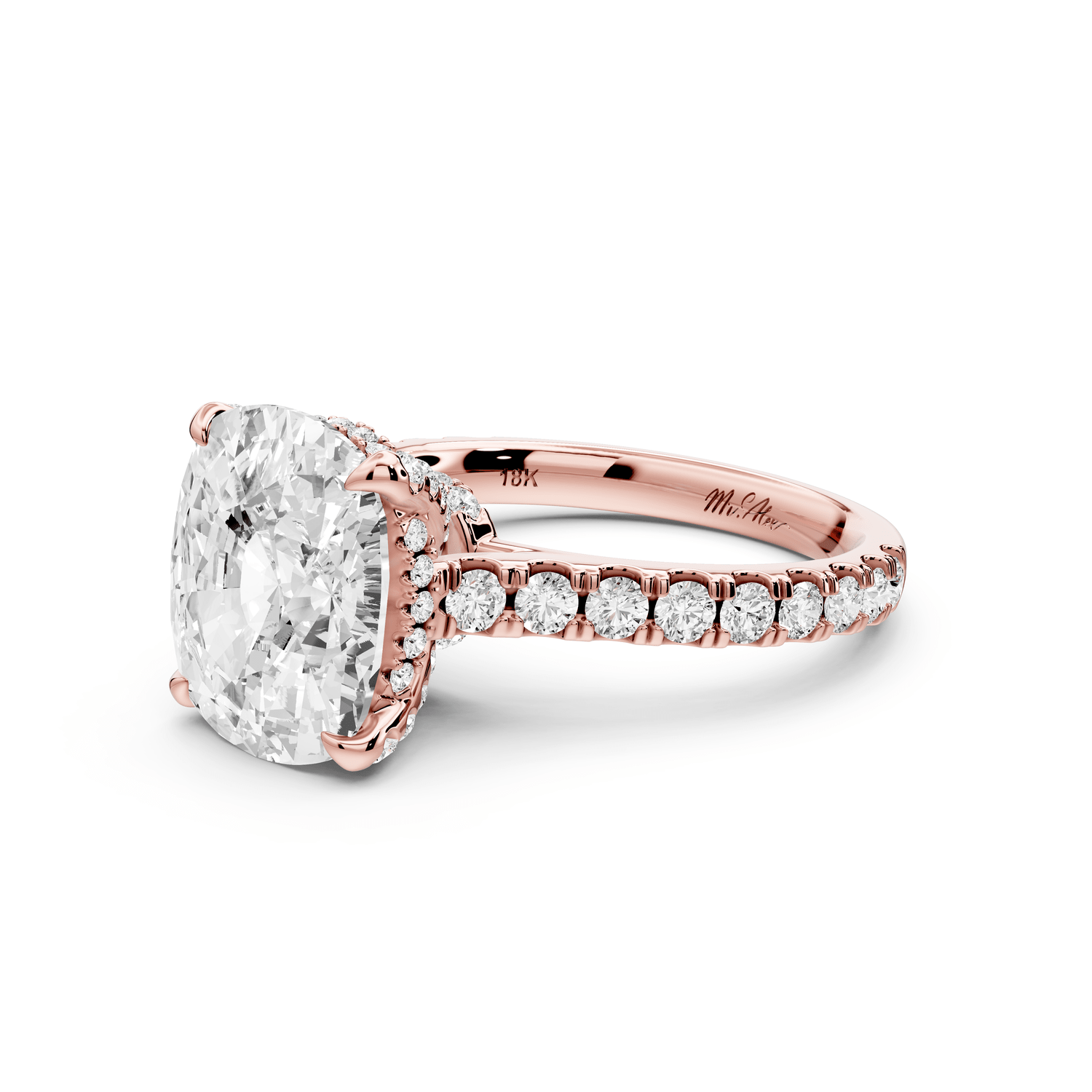 Iris - 5ct 14k rose gold Three stone Elongated Cushion Halo engagement ring - Mr. Alex Jewelry