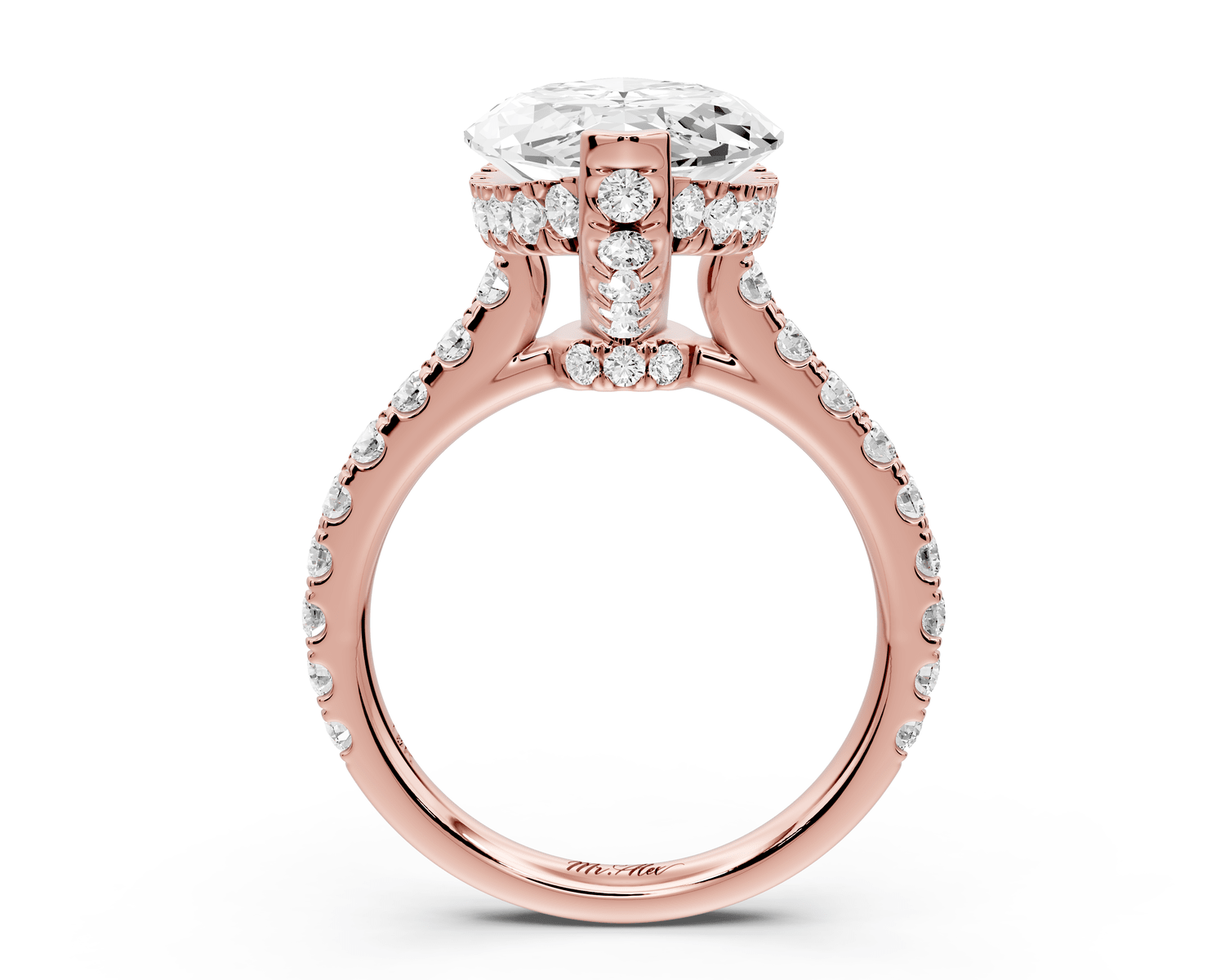 Iris - 5ct 14k rose gold Three stone marquise Halo engagement ring - Mr. Alex Jewelry