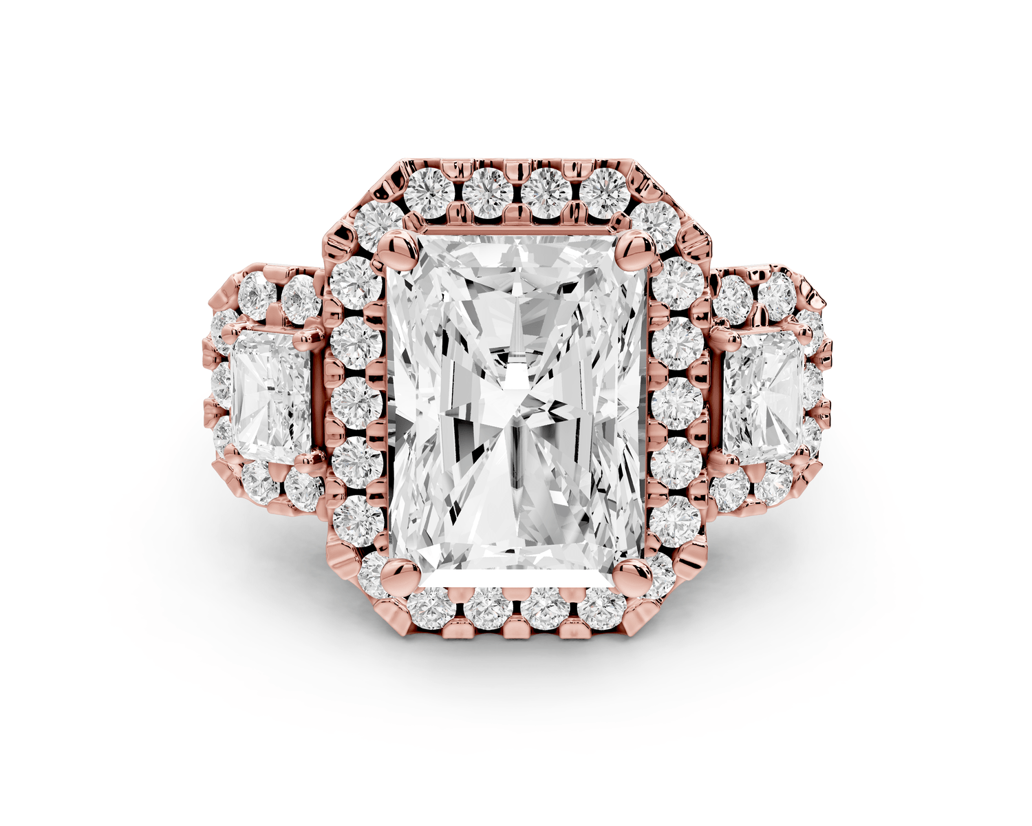 Iris - 5ct 14k rose gold Three stone radiant Halo engagement ring - Mr. Alex Jewelry
