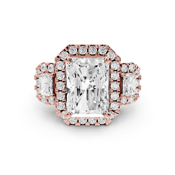 Iris - 5ct 14k rose gold Three stone radiant Halo engagement ring - Mr. Alex Jewelry