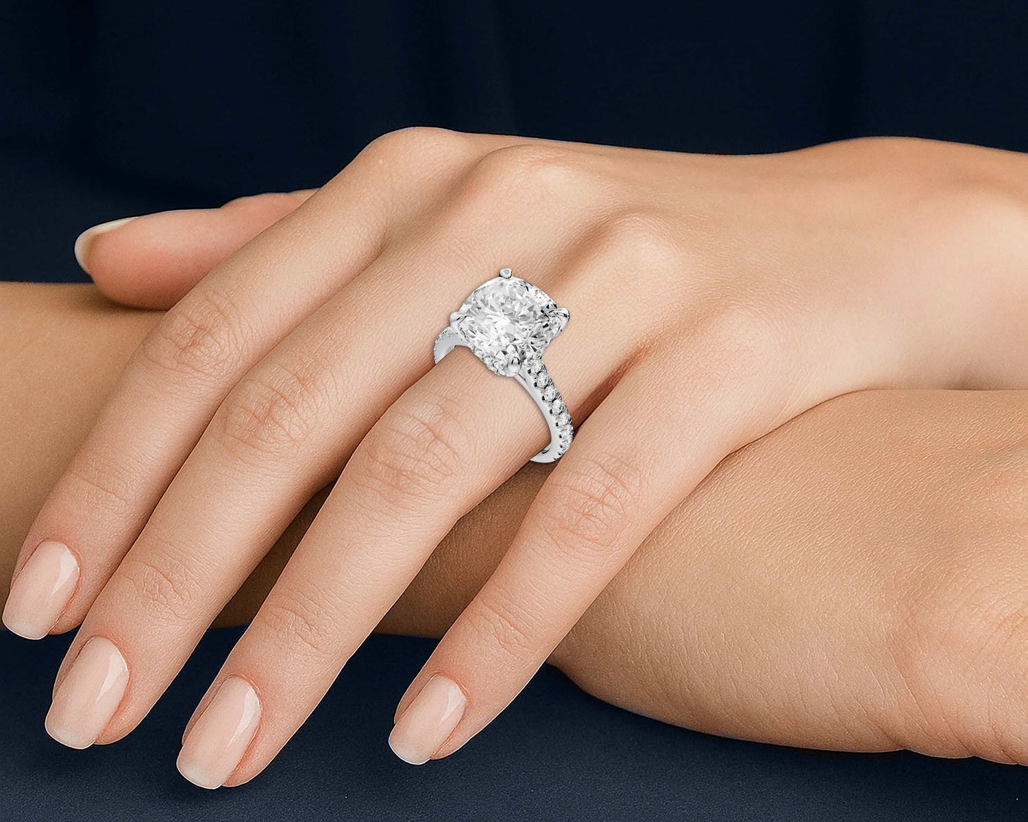 Iris - 5ct 14k white gold Three stone cushion Halo engagement ring - Mr. Alex Jewelry