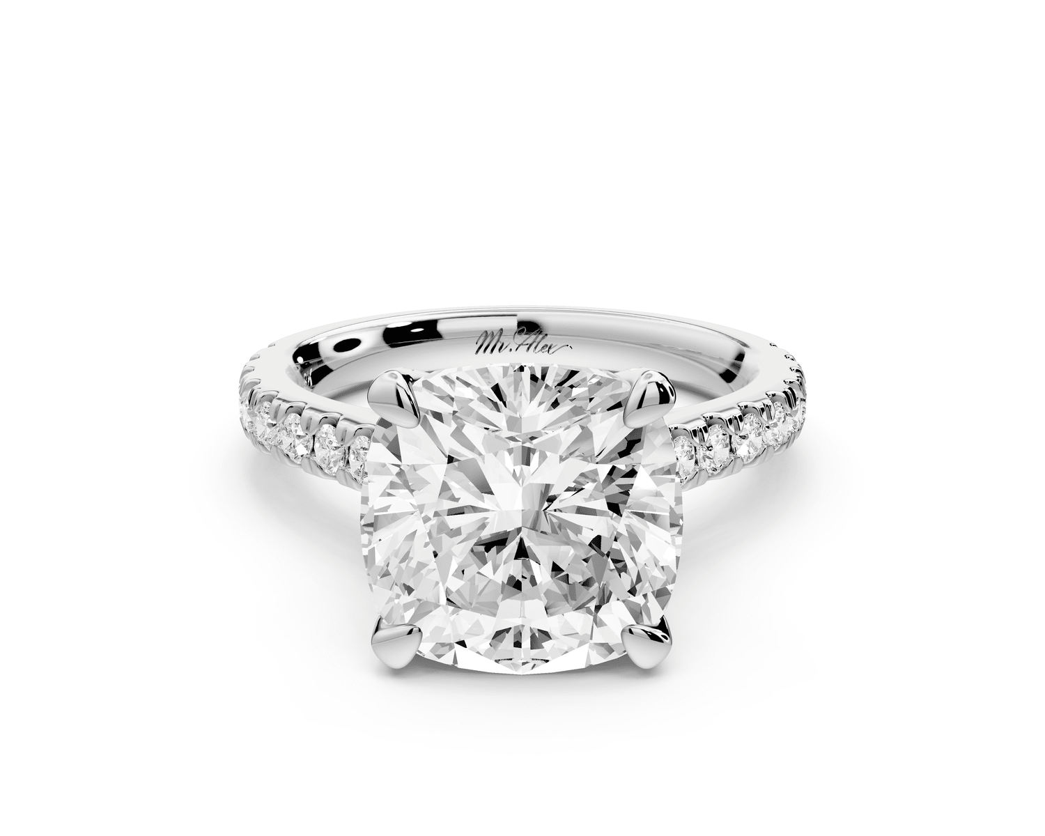 Iris - 5ct 14k white gold Three stone cushion Halo engagement ring - Mr. Alex Jewelry
