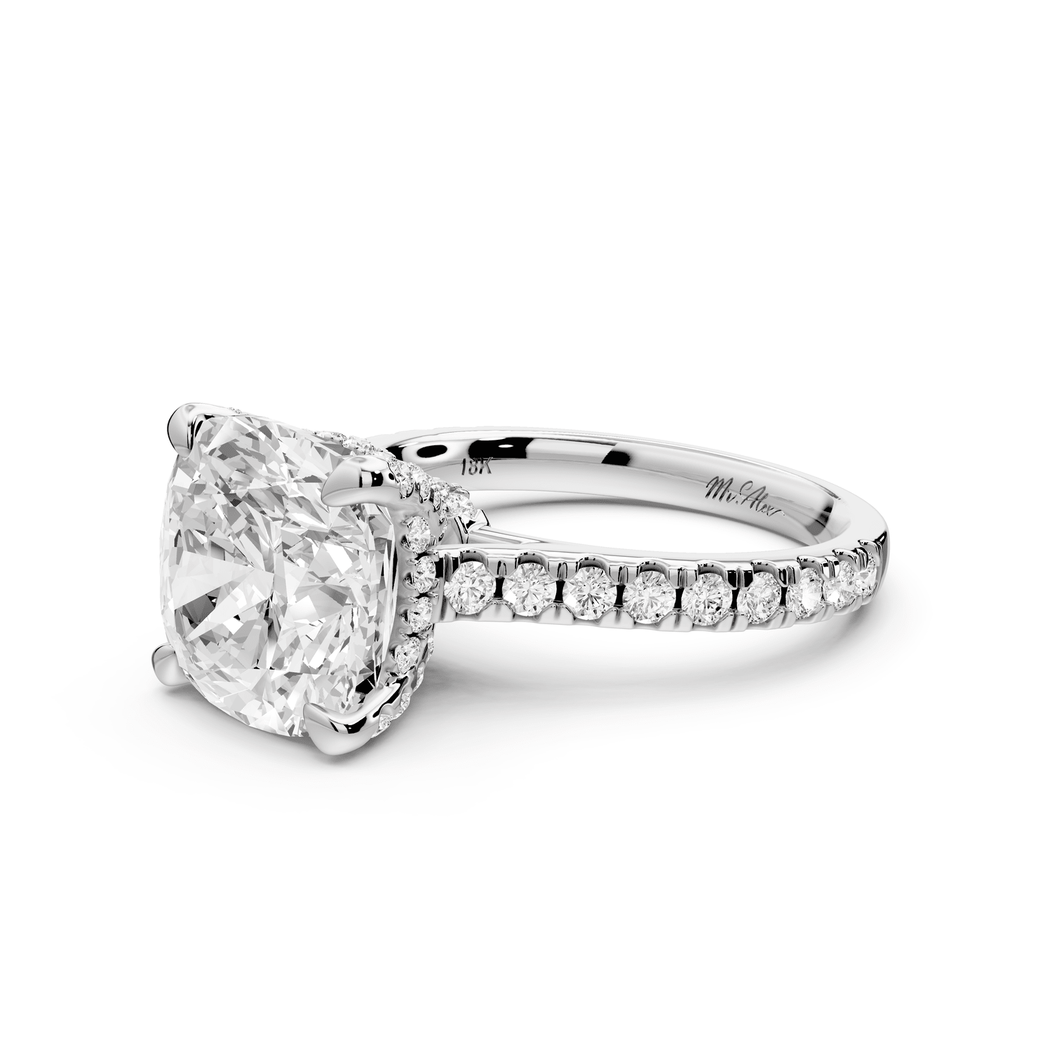 Iris - 5ct 14k white gold Three stone cushion Halo engagement ring - Mr. Alex Jewelry