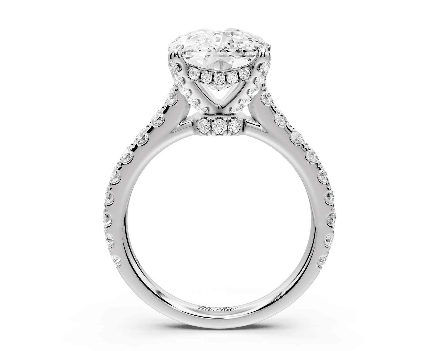 Iris - 5ct 14k white gold Three stone Elongated Cushion Halo engagement ring - Mr. Alex Jewelry