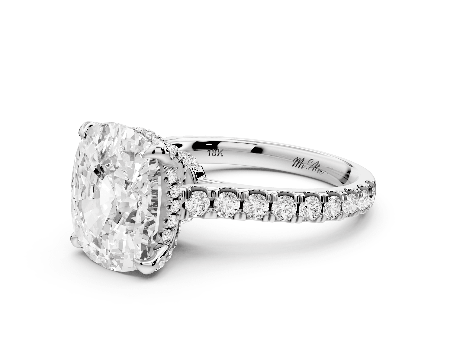 Iris - 5ct 14k white gold Three stone Elongated Cushion Halo engagement ring - Mr. Alex Jewelry