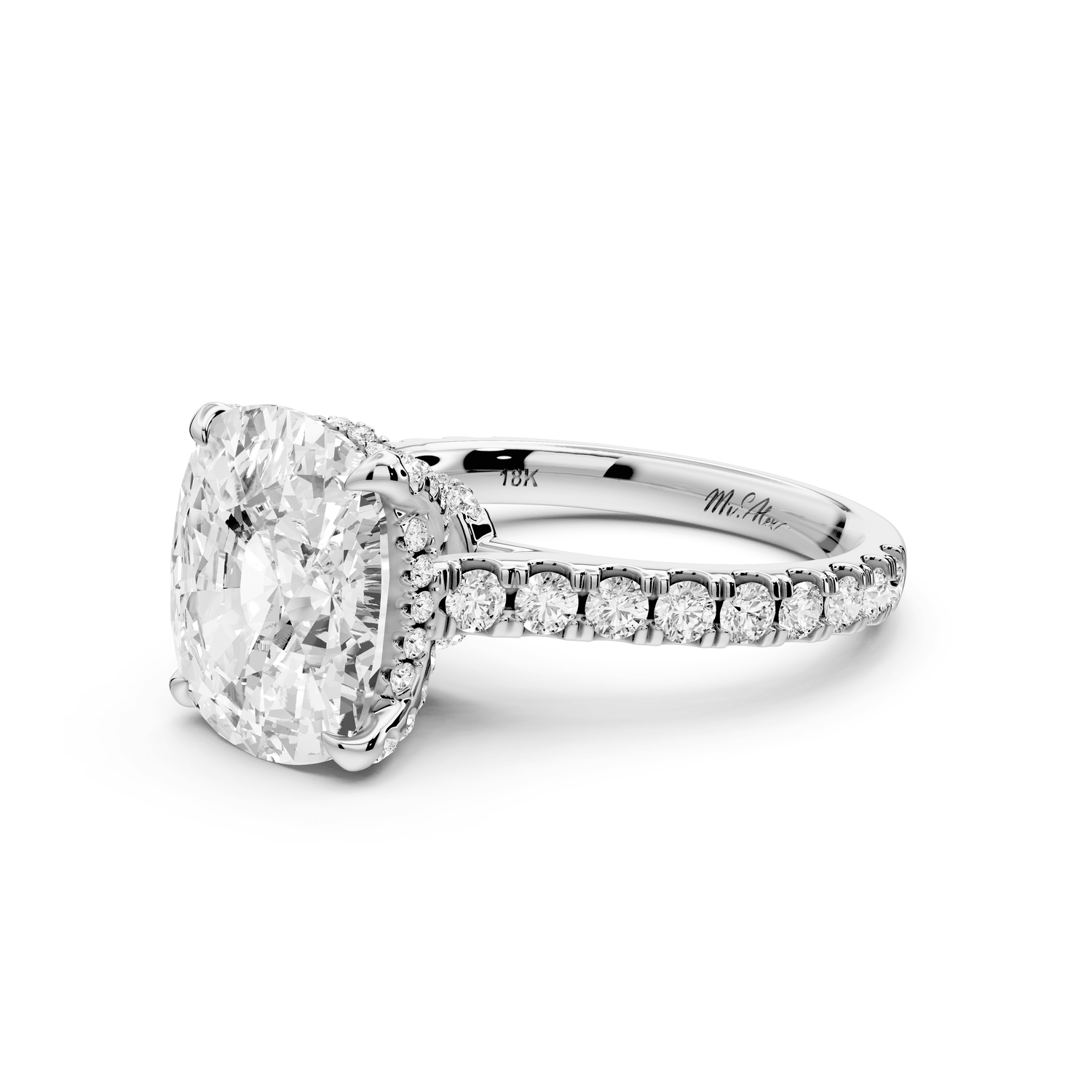 Iris - 5ct 14k white gold Three stone Elongated Cushion Halo engagement ring - Mr. Alex Jewelry