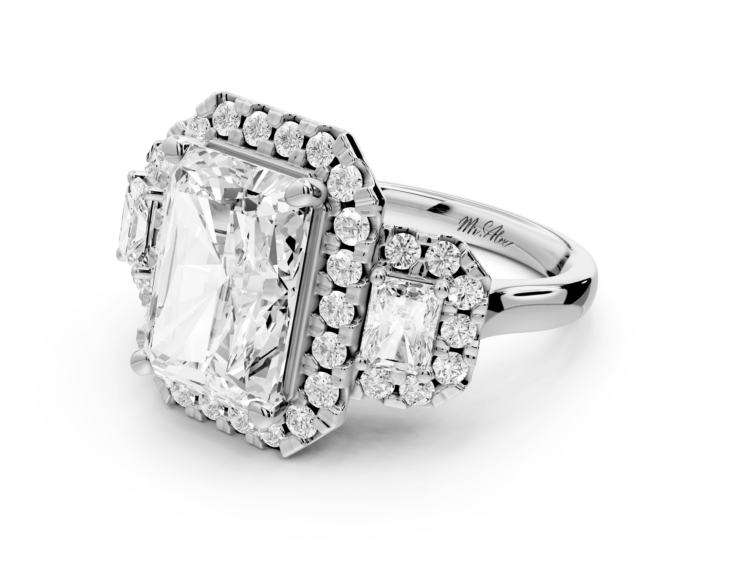 Iris - 5ct 14k white gold Three stone radiant Halo engagement ring - Mr. Alex Jewelry
