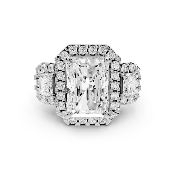 Iris - 5ct 14k white gold Three stone radiant Halo engagement ring - Mr. Alex Jewelry