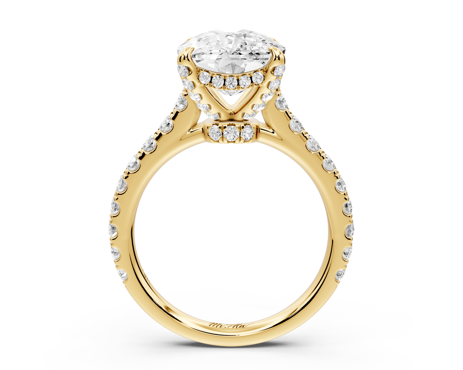 Iris - 5ct 14k yellow gold Three stone Elongated Cushion Halo engagement ring - Mr. Alex Jewelry