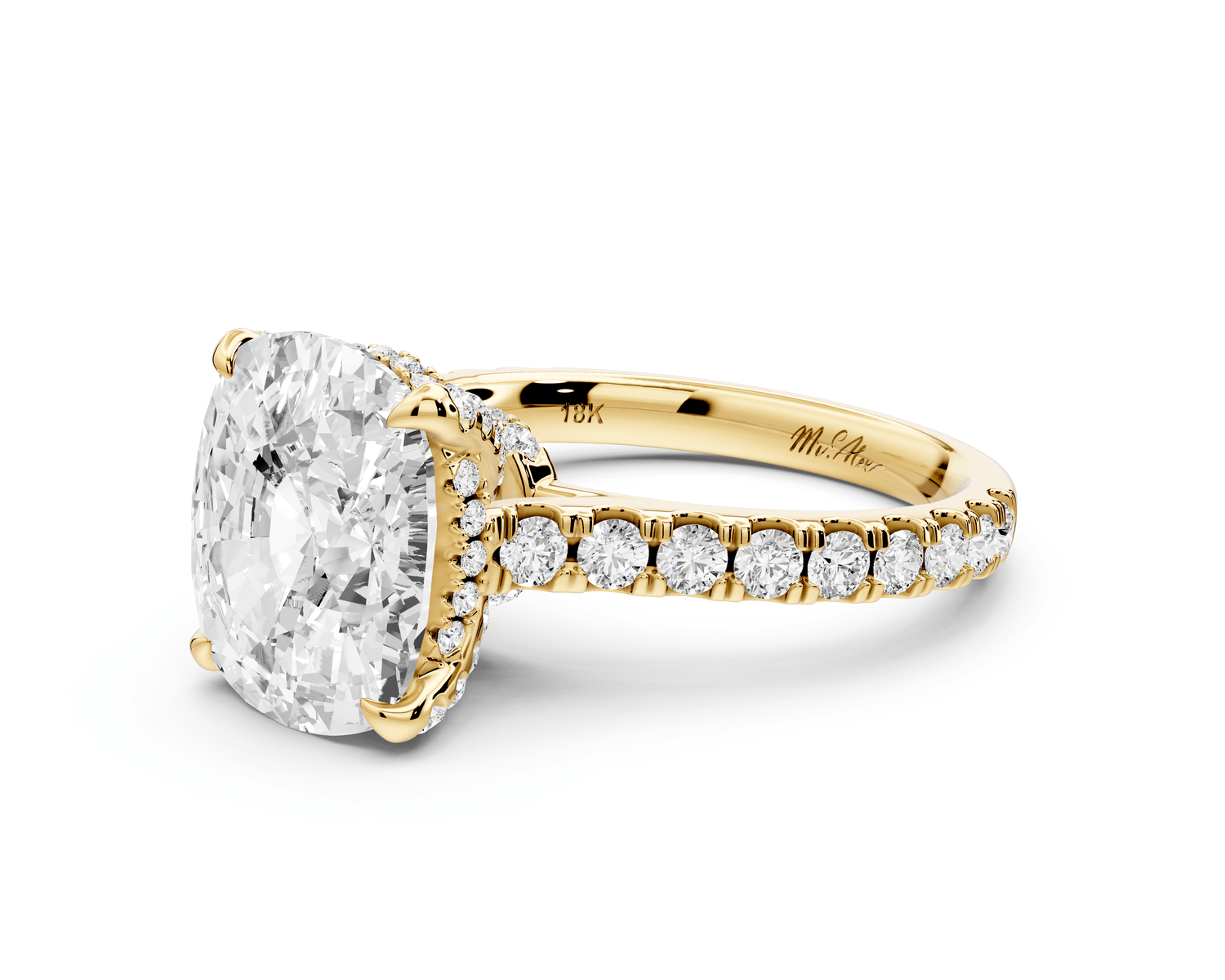 Iris - 5ct 14k yellow gold Three stone Elongated Cushion Halo engagement ring - Mr. Alex Jewelry
