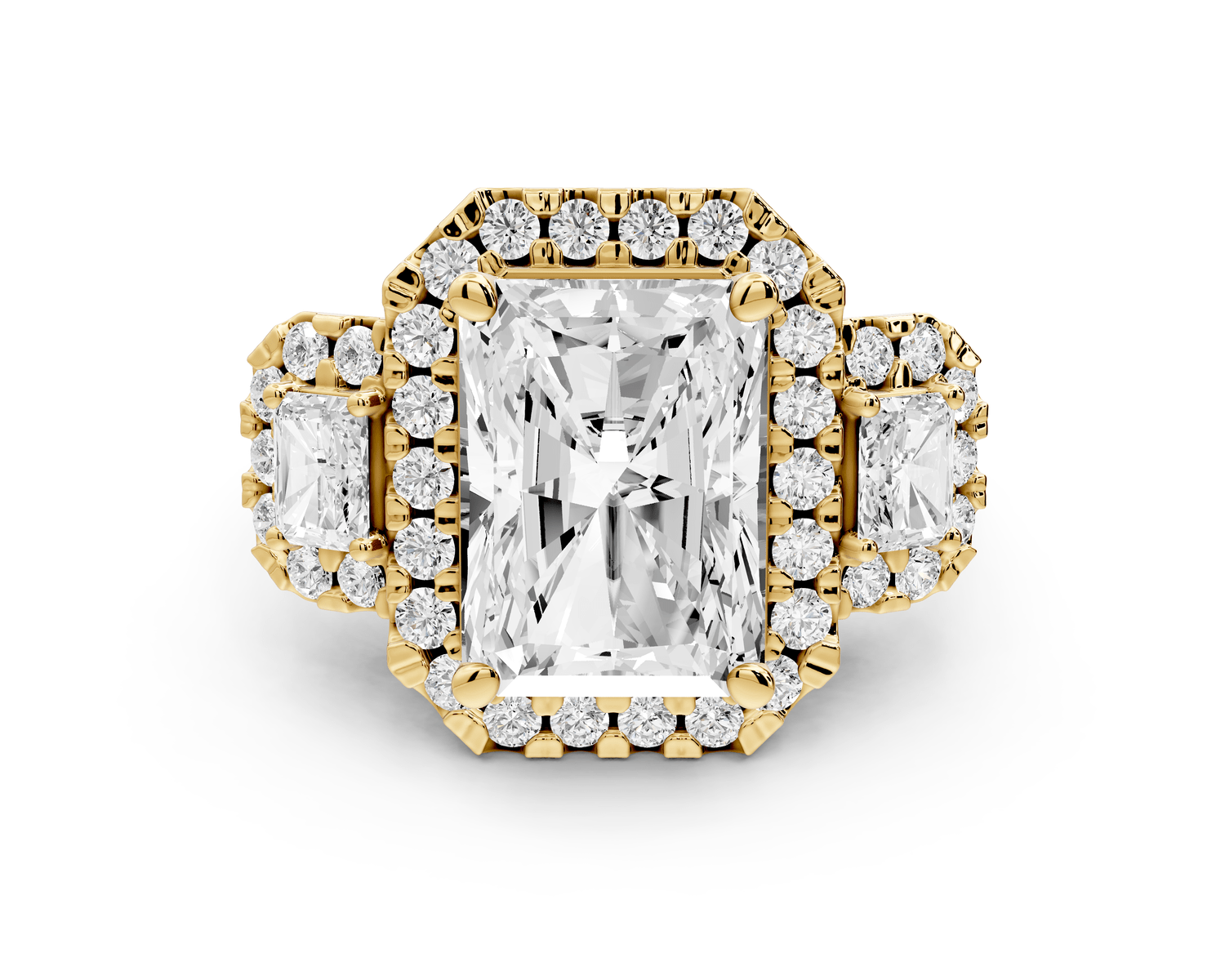 Iris - 5ct 14k yellow gold Three stone radiant Halo engagement ring - Mr. Alex Jewelry
