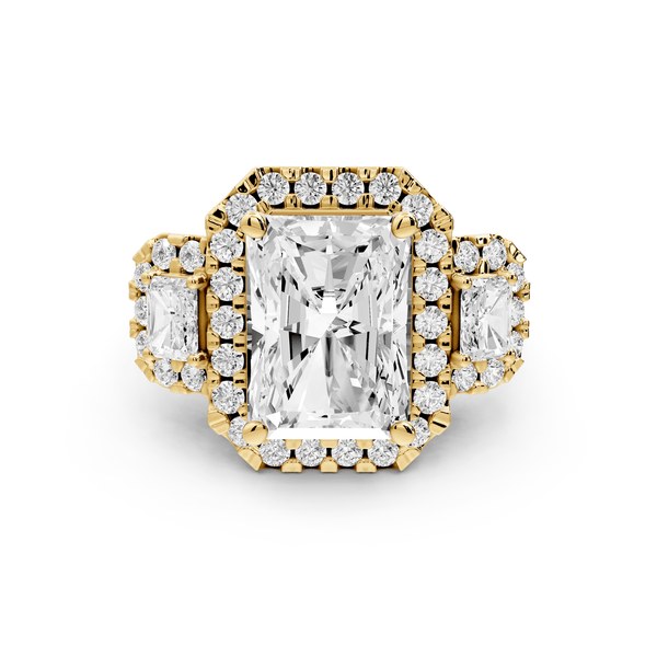 Iris - 5ct 14k yellow gold Three stone radiant Halo engagement ring - Mr. Alex Jewelry