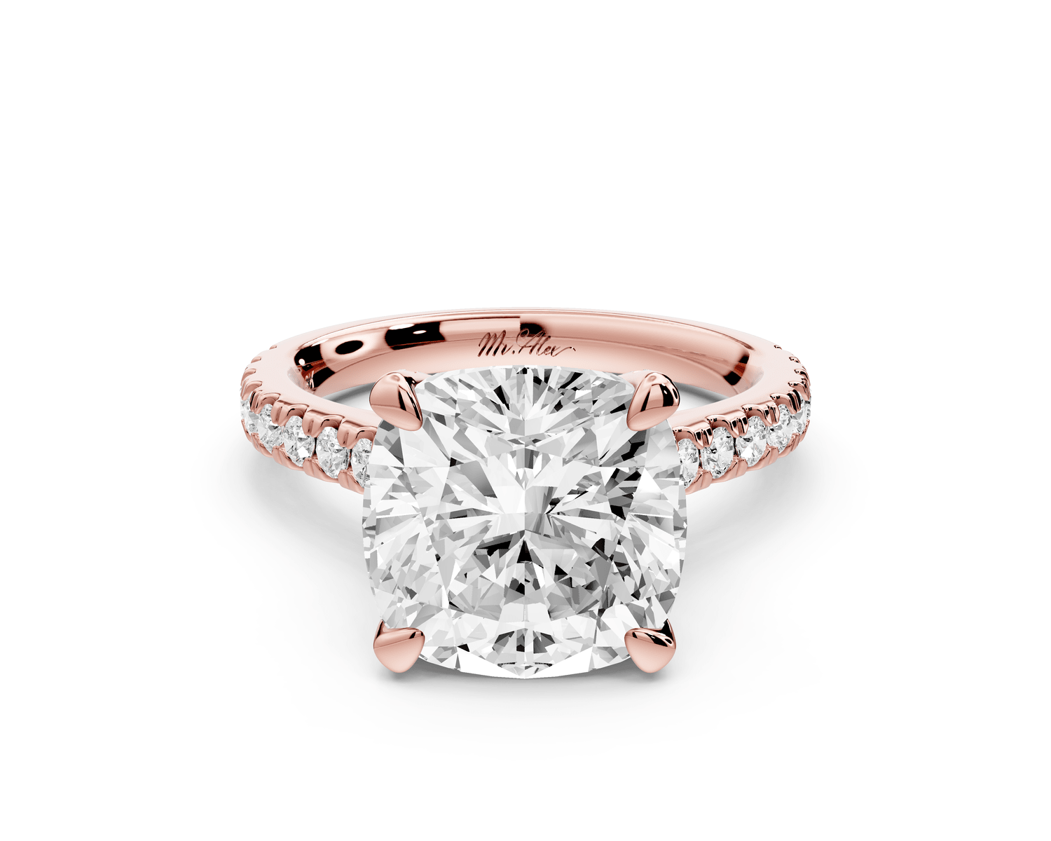 Iris - 5ct 18k rose gold Three stone cushion Halo engagement ring - Mr. Alex Jewelry