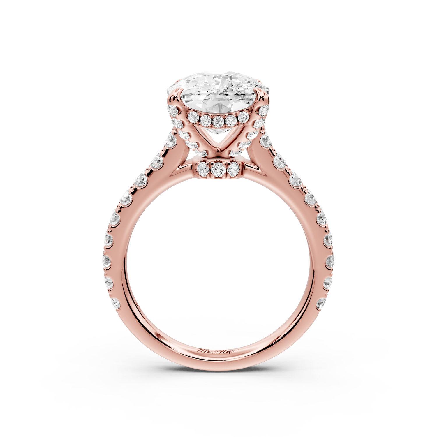 Iris - 5ct 18k rose gold Three stone Elongated Cushion Halo engagement ring - Mr. Alex Jewelry