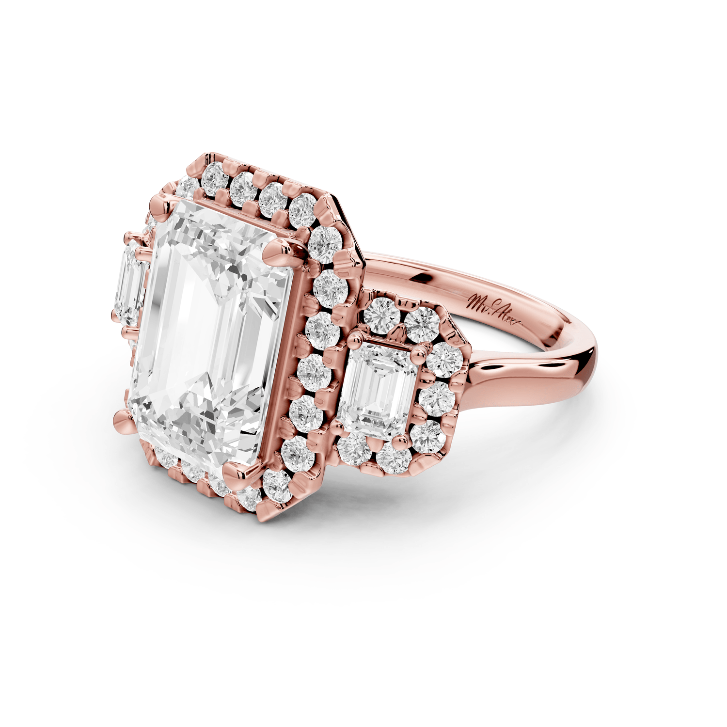 Iris - 5ct 18k rose gold Three stone emerald Halo engagement ring - Mr. Alex Jewelry