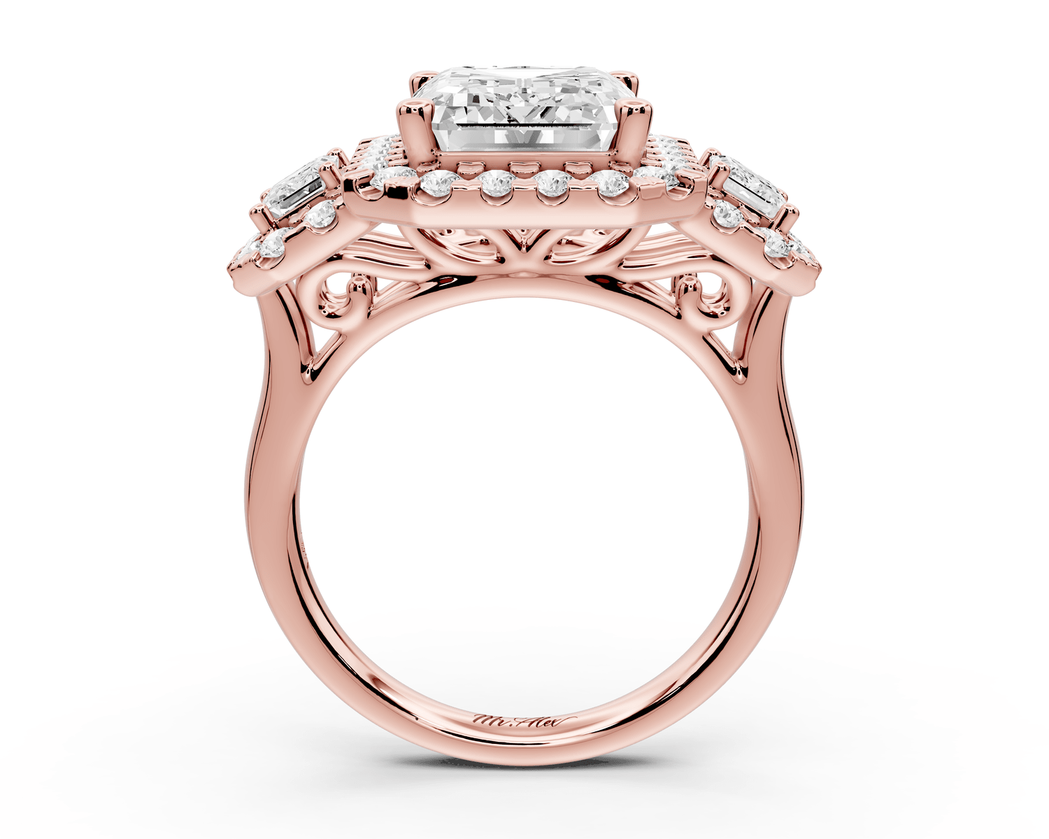 Iris - 5ct 18k rose gold Three stone emerald Halo engagement ring - Mr. Alex Jewelry