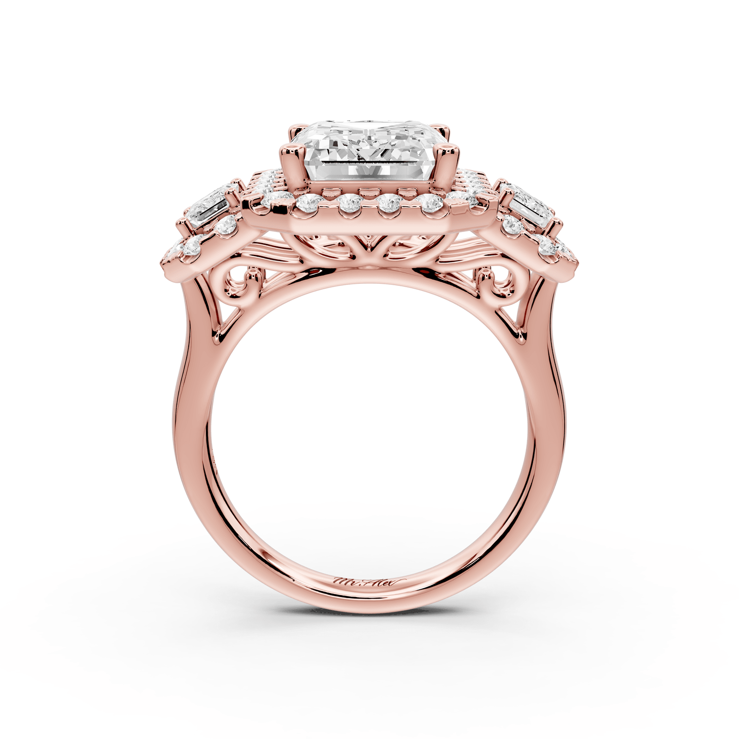 Iris - 5ct 18k rose gold Three stone emerald Halo engagement ring - Mr. Alex Jewelry