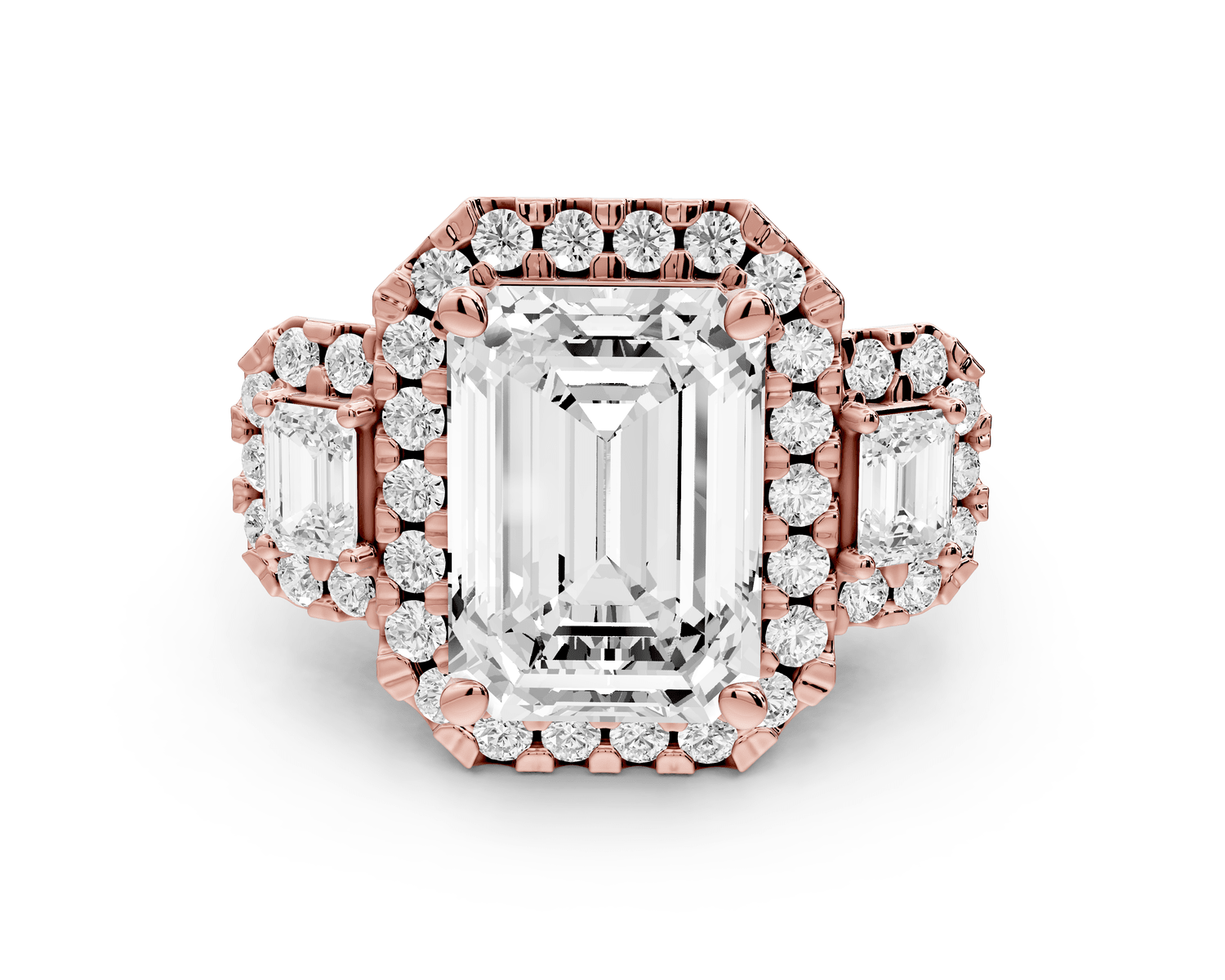 Iris - 5ct 18k rose gold Three stone emerald Halo engagement ring - Mr. Alex Jewelry