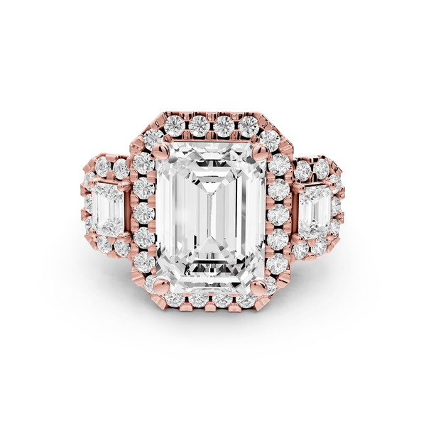 Iris - 5ct 18k rose gold Three stone emerald Halo engagement ring - Mr. Alex Jewelry