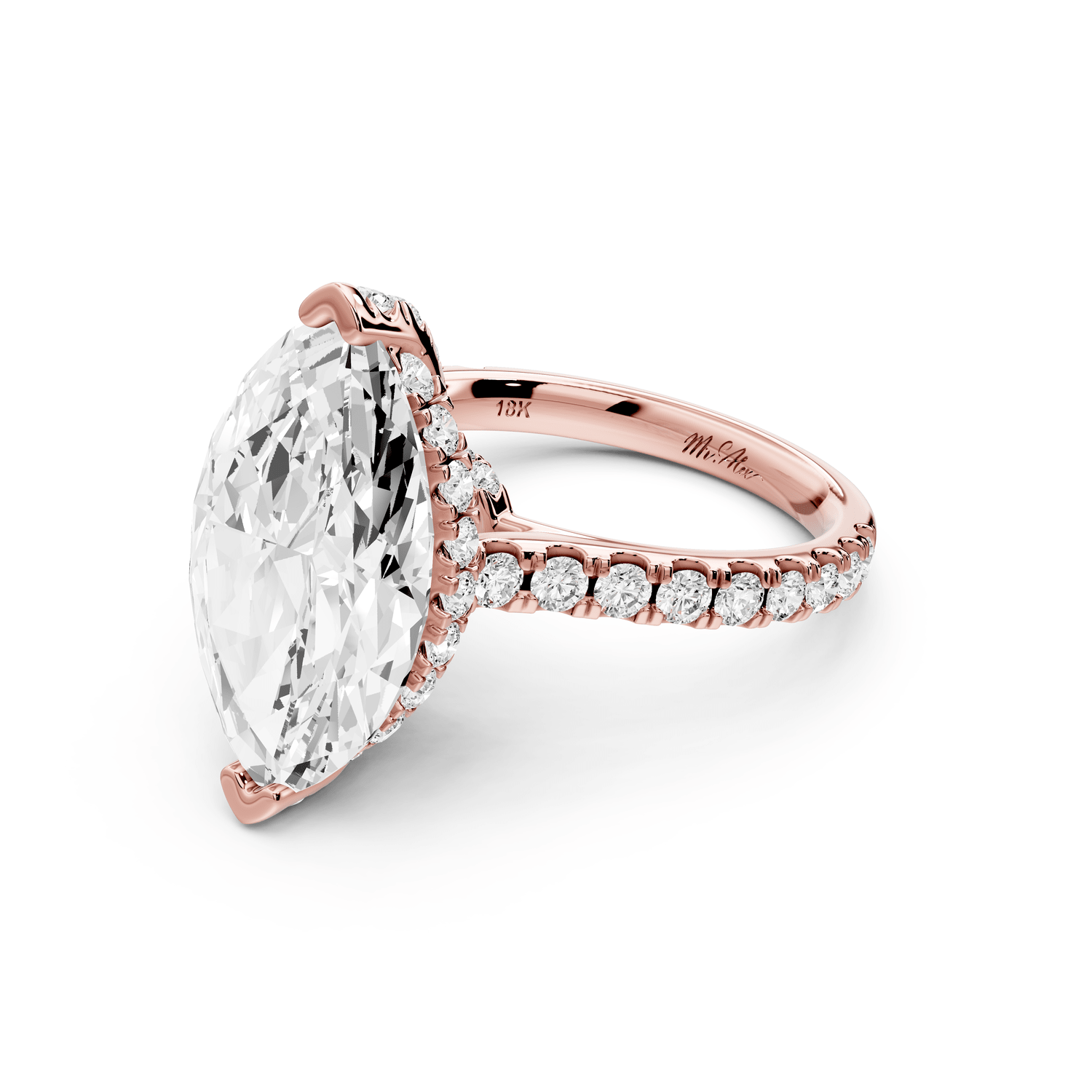 Iris - 5ct 18k rose gold Three stone marquise Halo engagement ring - Mr. Alex Jewelry