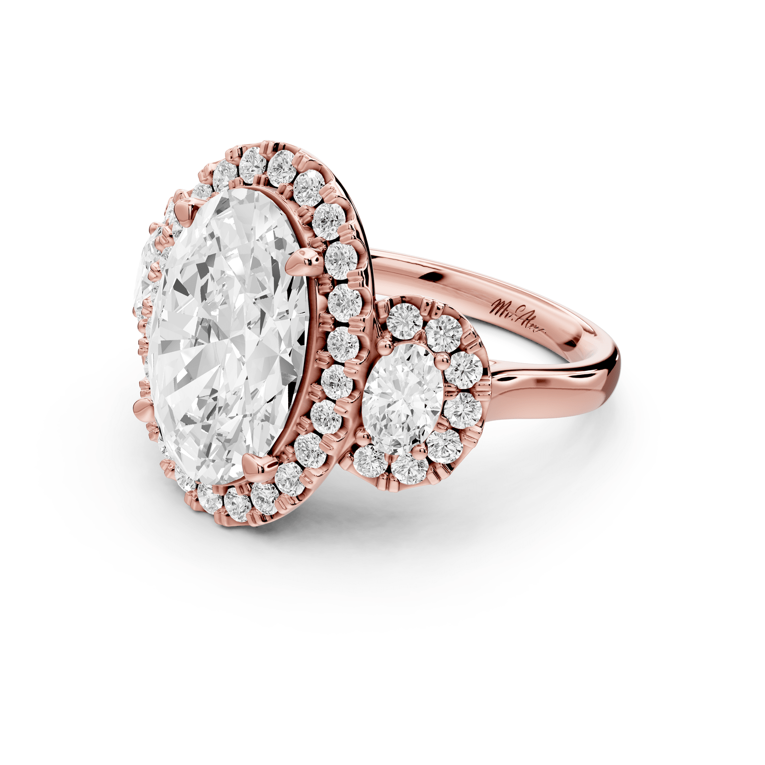 Iris - 5ct 18k rose gold Three stone oval Halo engagement ring - Mr. Alex Jewelry