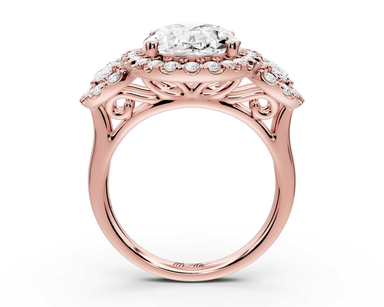 Iris - 5ct 18k rose gold Three stone oval Halo engagement ring - Mr. Alex Jewelry
