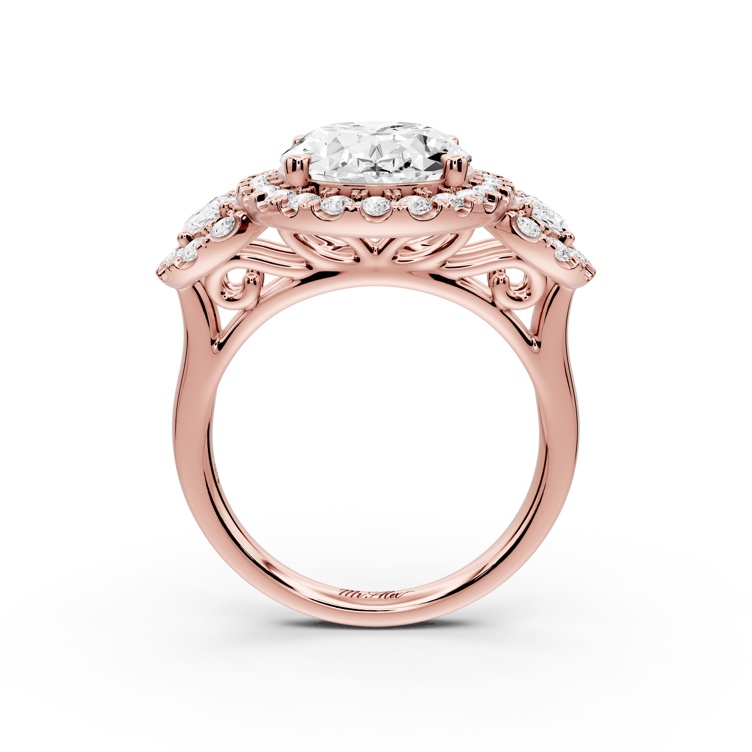 Iris - 5ct 18k rose gold Three stone oval Halo engagement ring - Mr. Alex Jewelry