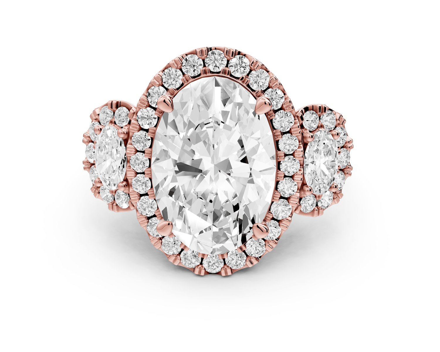 Iris - 5ct 18k rose gold Three stone oval Halo engagement ring - Mr. Alex Jewelry